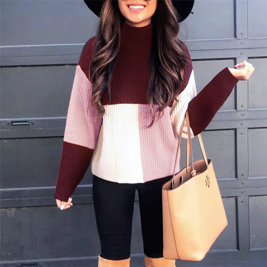 Женский Теплый вязаный свитер разноцветный джемпер с воротником-стойкой и