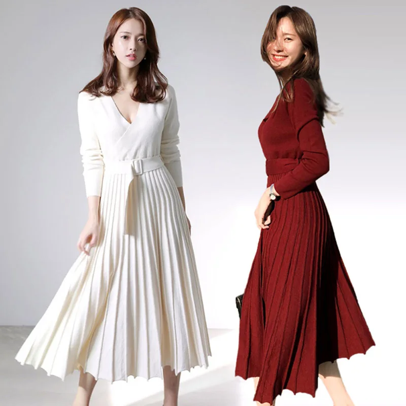 

LLZACOOSH New Fashion Women Knitted Pleated Dress Fall Winter Long Sleeve Thick Sweater Dress Casual Sexy V Neck Sashes Dress
