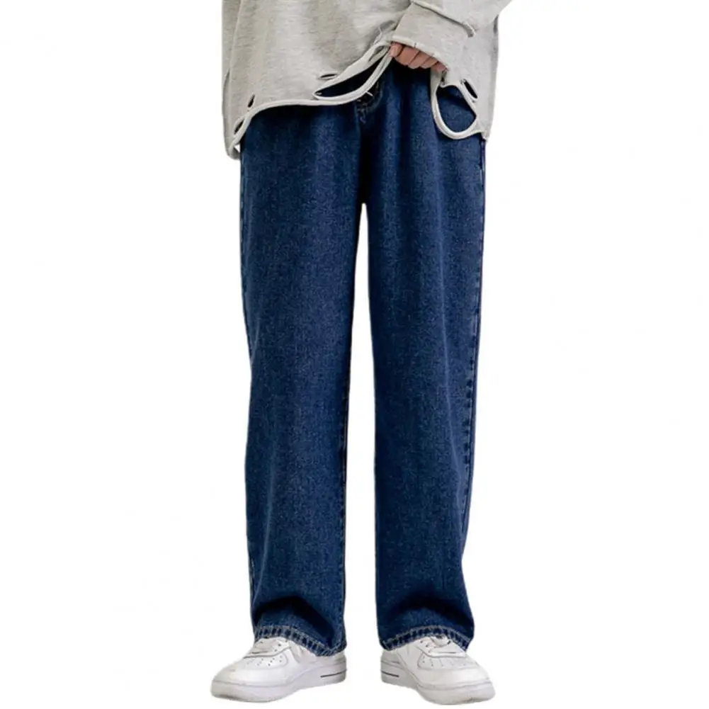 

Fashion Straight Mid Rise Men Jeans Multi Pockets Breathable Wide Leg Solid Color Hip Hop Denim Pants Streetwear for Dating