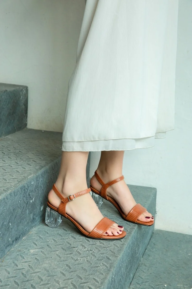 

Office Ladies Sandals Shoes Crystal Round Heels Buckle Casual Elegant Solid Hollow Mid-Heels Open Toe Shoes Women Sandals
