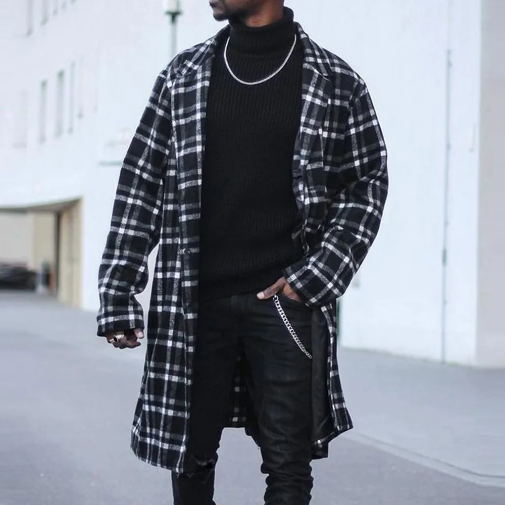 2020 мужская одежда модное черное клетчатое шерстяное длинное пальто средней