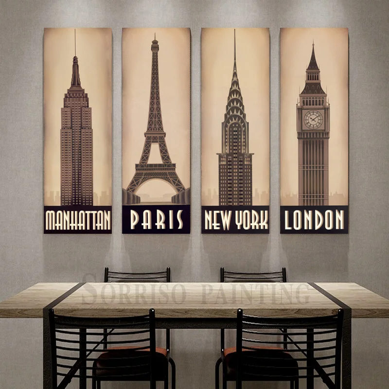 

Retro Nostalgia Eiffel Tower Big Ben Empire State Building Canvas Painting Pictures Wall Art Posters Prints Home Living Decor
