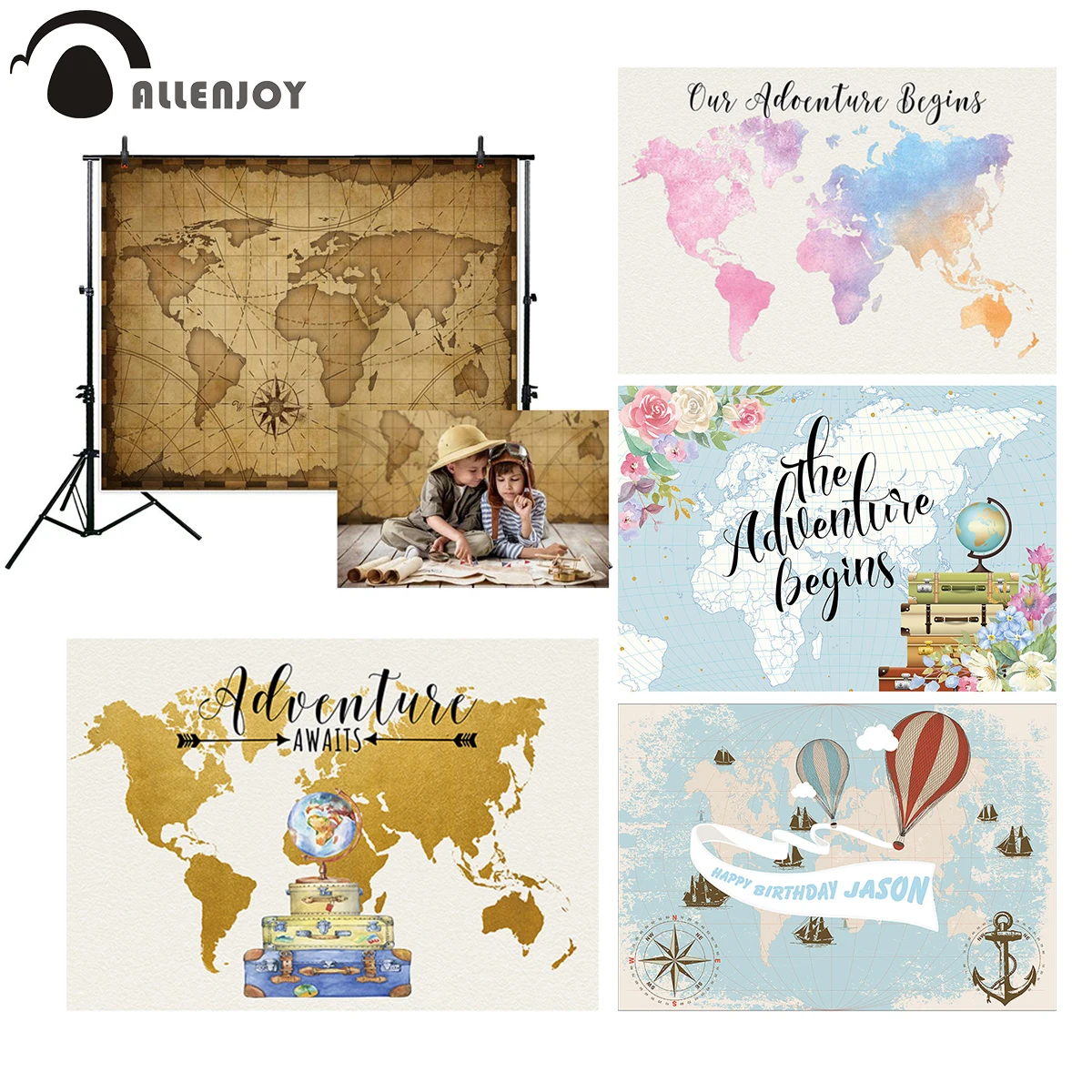 

Allenjoy Background for Photography World Map Navigation Vintage Travel Backdrop Photocall Photophone for Photos Shoot Studio