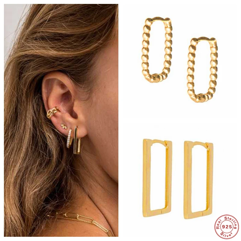 

Aide 925 Sterling Silver Minimalist Square Rectangle Gold Hoop Earrings For Women Chic Geometric Beads Huggie Earring Jewelry