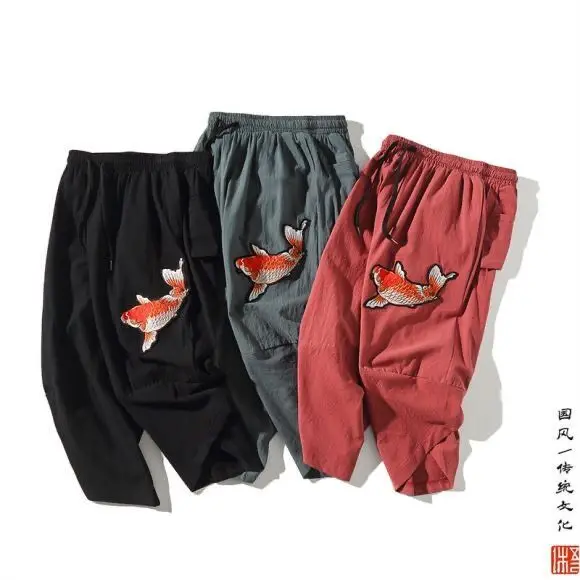 Chinese style embroidery linen cropped pants men's cotton and loose casual wide-leg plus size harem men | Мужская одежда