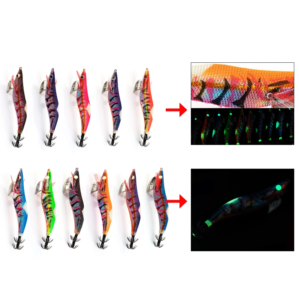 

Luminous Hard Bait Wood Shrimp Artificial Squid Jig Sea Fishing Lure Squid Hook 15g 20g Cuttlefish Octopus Baits Fishing Tackle