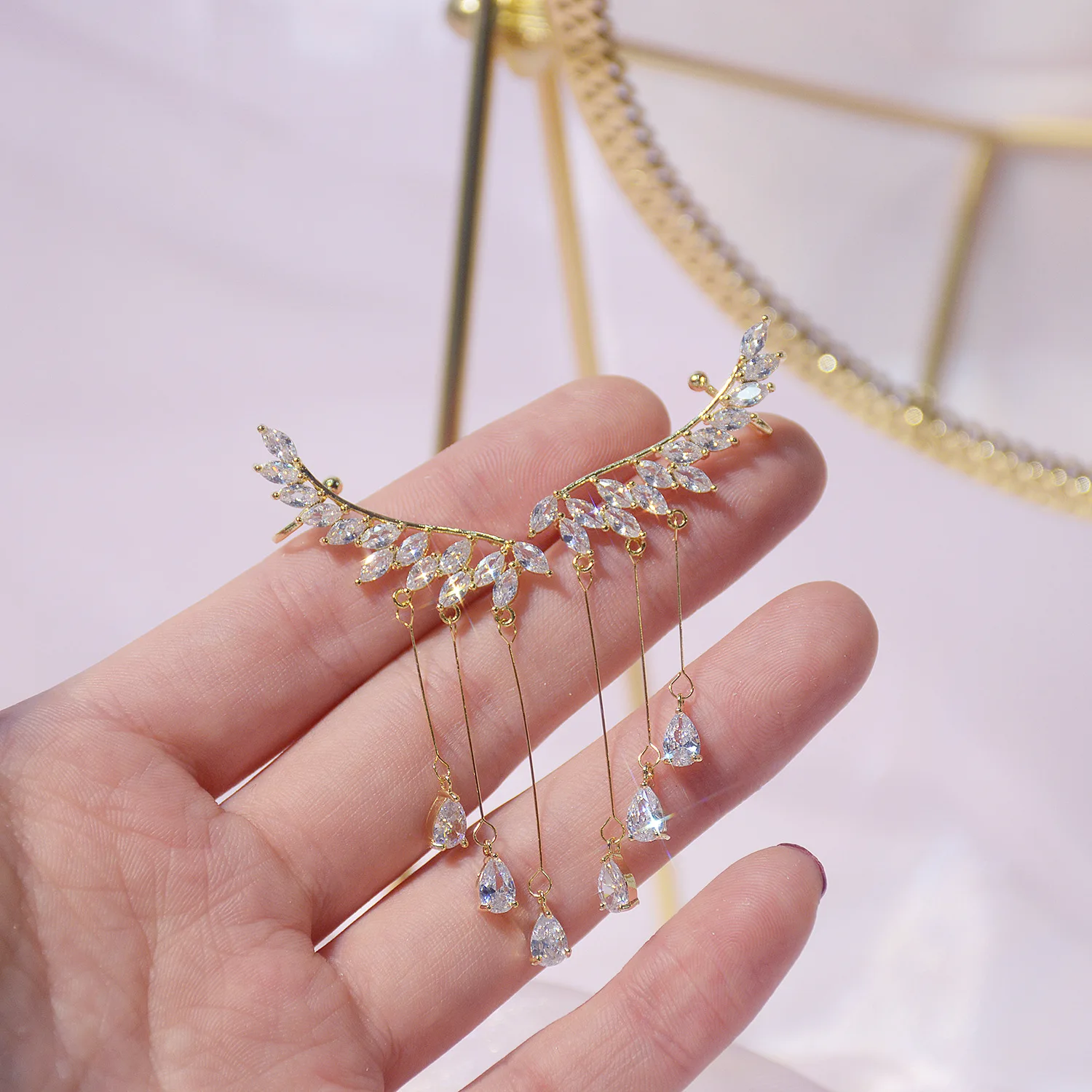 

Jewelry 14K Real Gold Wings Tassel Temperament Water Drops Stud Earrings for Women Cubic Zircon ZC Earrings