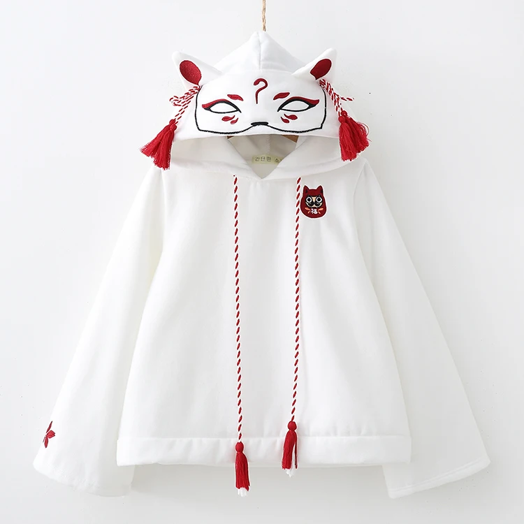 Японские милые уличные модные женские толстовки Harajuku Kawaii С лисьими ушками толстовка с капюшоном с вышивкой Сакура плюс бархатный пуловер Топы
