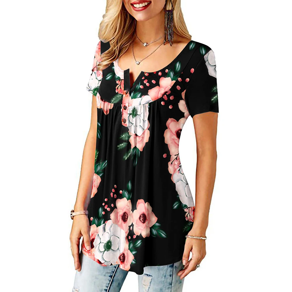 Клетчатая Футболка с принтом женская футболка цветочным и пуговицами короткими