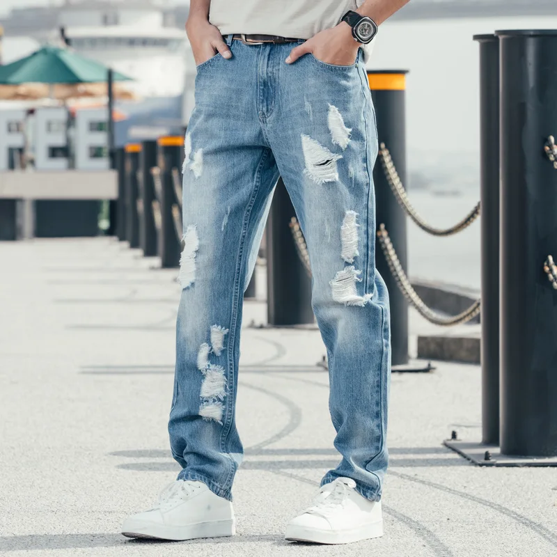 Spring And Autumn Men Hole Baggy Jeans Straight Large Size Wide Leg Denim Pants Blue Leisure Hip Hop Streetwear Ragged Trousers