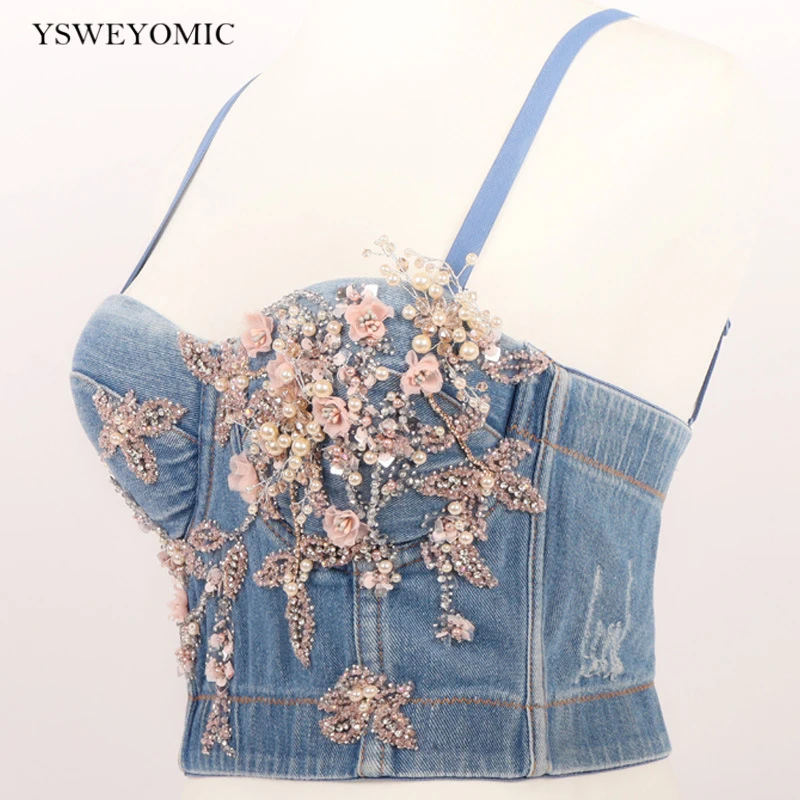 2021 Performance Costume Handmade Floral Beads Bustier Party Night Club Shiny Crop Top Denim Tank Tops Jeans Vest Bra For Stage