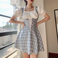 2021 summer womens new retro french lace up waist square neck puff sleeve plaid dress waist sweet a line dress