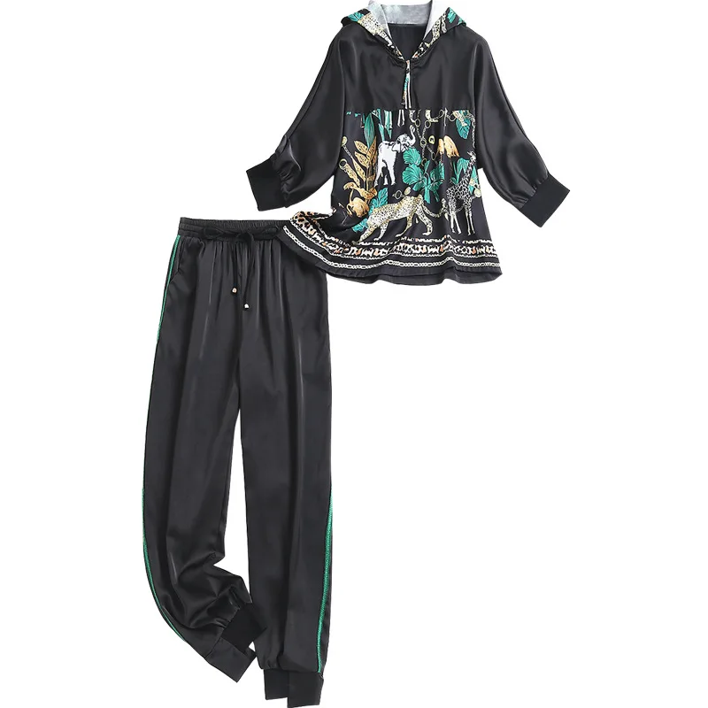 

Women sweatpants casual two piece set spring summer 2021 elastic waist black pants and animal leopard hoodies tops outfits