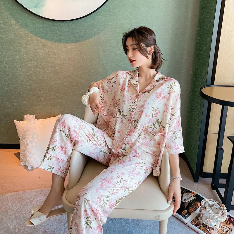 QWEEK Silk Pajamas for Women Floral Print Sleepwear Autumn Female Set Woman 2 Piece Nightwear Elegant Suit Bat Sleeve Loungwear
