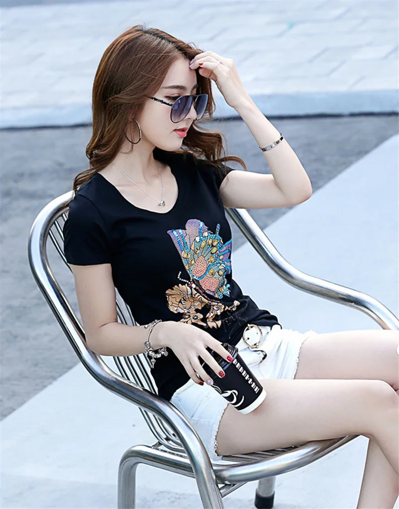 Short Sleeve Cotton T-shirts 2022 Women's Summer Butterfly Personality Handmade Beaded Sequined Tops | Женская одежда
