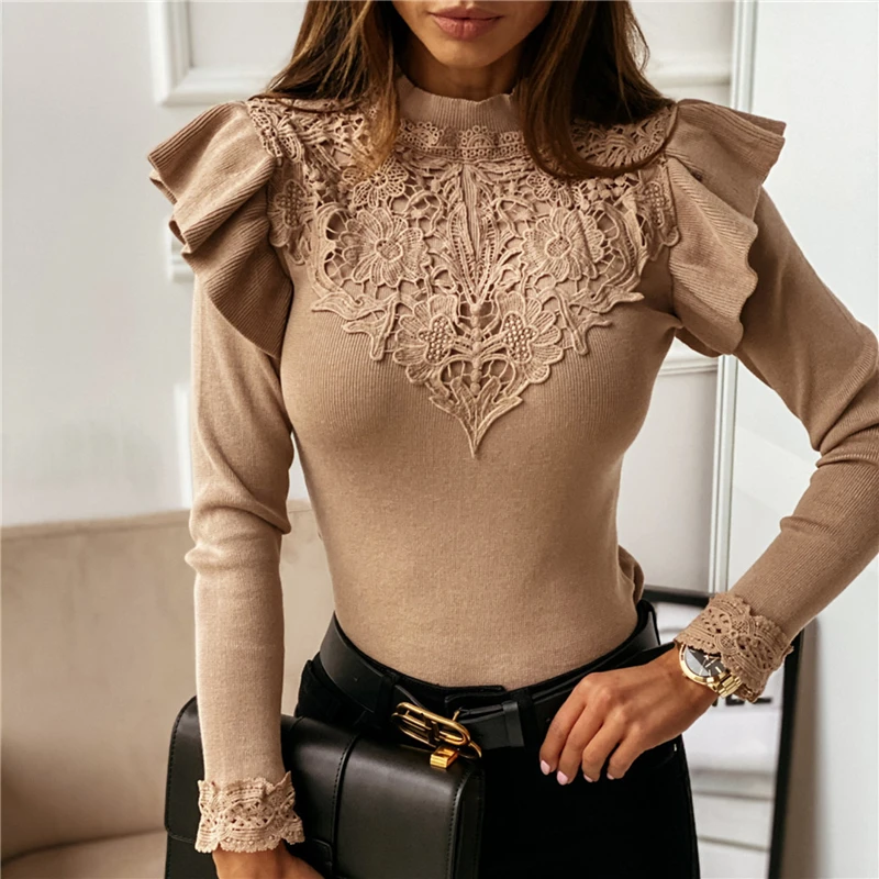 Women Knit Patchwork Ribber T-Shirt Long Sleeve Ruffles Blouse Crew Neck Button Mesh Turtleneck Tops Autumn Winter Sweater Blusa