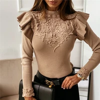 women knit patchwork ribber t shirt long sleeve ruffles blouse crew neck button mesh turtleneck tops autumn winter sweater blusa