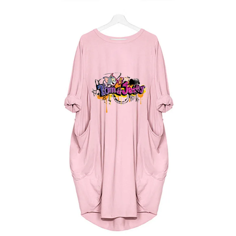 

Cartoon Jerry Mouse Cat Tom Print Fall Winter Women Midi Dress Vintage Casual Loose Dresses Plus Size Party Clothes Vestido Robe