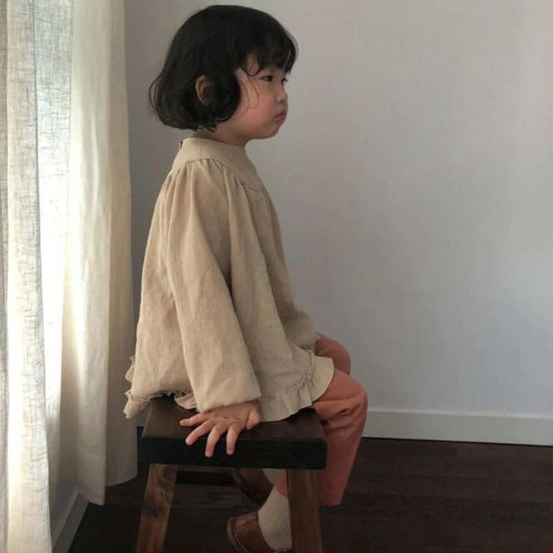 2020 г. Весенние блузки для маленьких девочек Осенняя хлопковая льняная рубашка