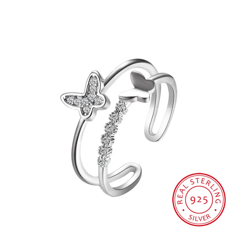 

Cute Female White Zircon Open Ring Real 100% 925 Sterling Silver Wedding Rings For Women Charm Crystal Butterfly Engagement Ring