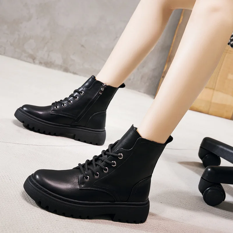 

Ботинки женские из натуральной кожи, на платформе, с круглым носком, на шнуровке