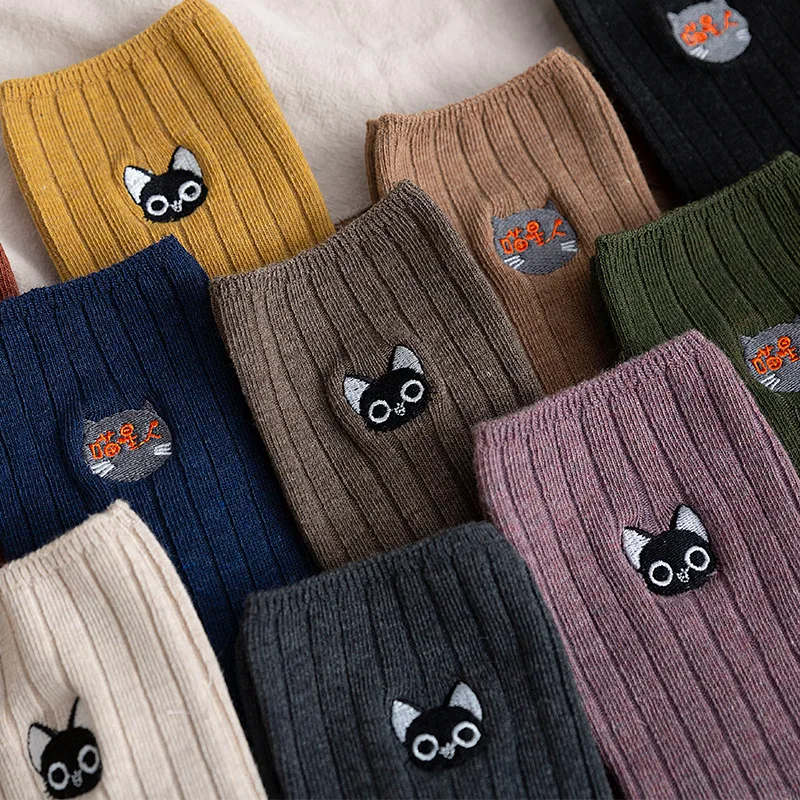 2020 New Cartoon Embroidery Cat Socks Women Harajuku Soft Breathable Cotton Cute Kitten Literary Casual Funny &amp Hosiery | Женская