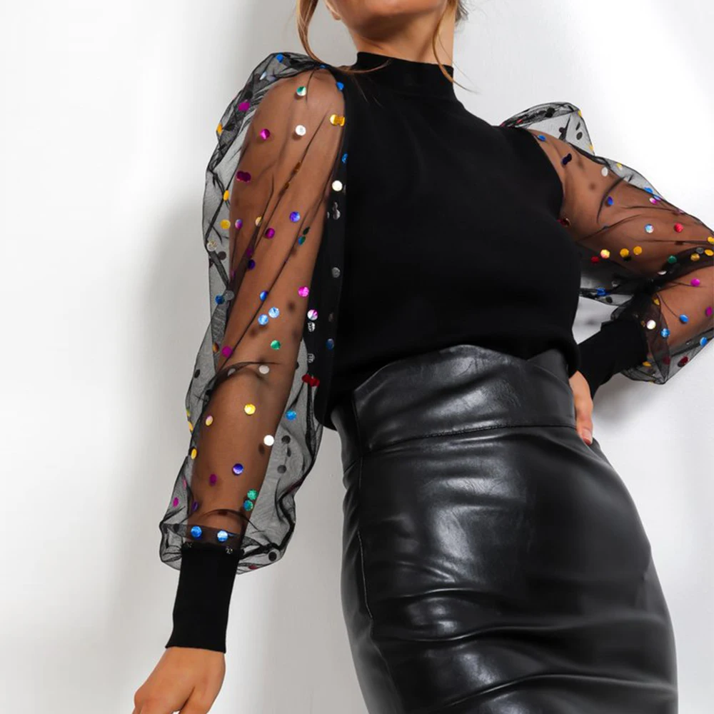 Топы в горошек для девочек модные Лоскутные трикотажные рубашки с пышными