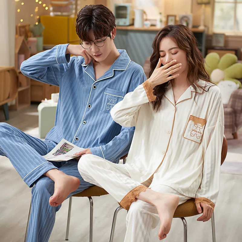 

Cotton Couples Home Clothing Lovers Homedress Pajamas Fashion Women's Long Sleeved Trousers Nightdress Men's leisure Sleepwear