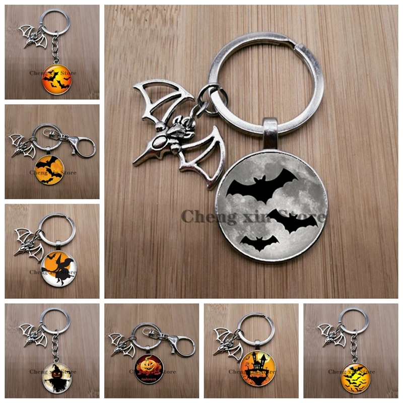 Хэллоуин тыквы летучей мыши Круглый Фото стеклянный брелок с кабошоном в виде