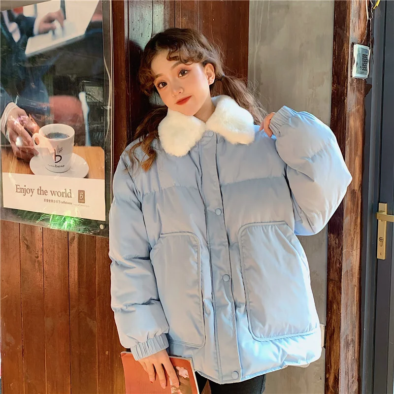 

Winter Wool Collar Thickened Bakery Coat Solid Color Fresh and Warm Cotton Clothes Long Sleeve Cotton Clothes Women's Clothes