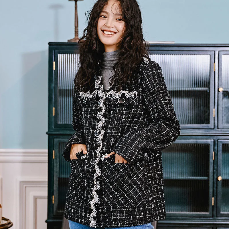 LANMREM 2020 Ladies Jacket Spring New Original V-neck Tweed Plaid Single-breasted Long-sleeved Coat 19F-a572 | Женская одежда