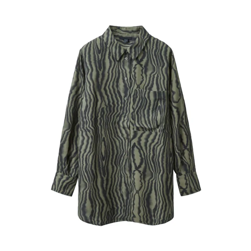 

Winter 2021 Fall New Women Shirt Wave Print Long Pocket Long Sleeve Lapel Loose Simple Personality Shirt Women