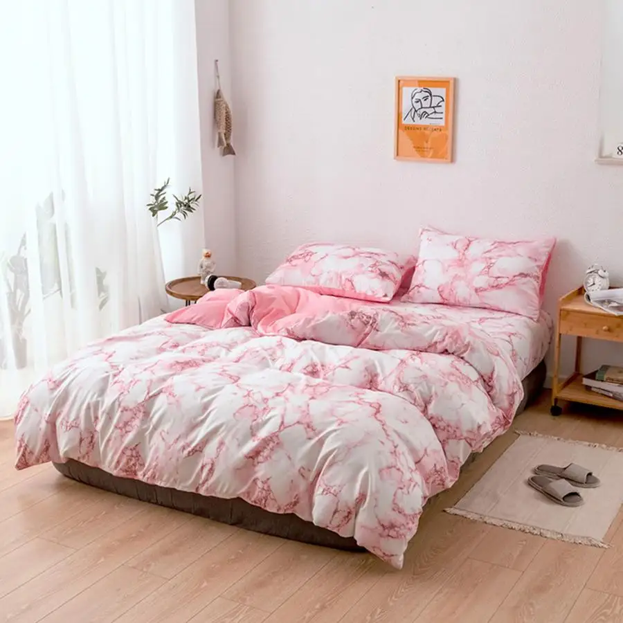 Nordic 3Pcs/Set Marbled Print Polyester Quilt Cover Pillowcase Bedding US-EU-Super King Size Nordic Double Bed Covers
