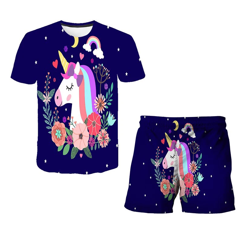 

Children girl unicorn T-shirt and shorts set 3D printed T-shirt short sleeve summer clothing