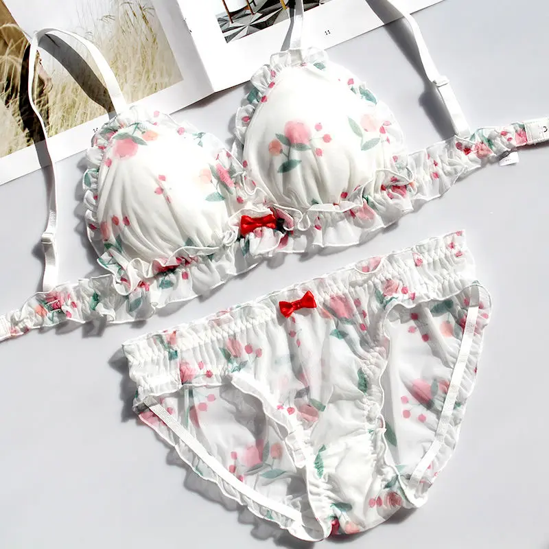 

Japanese Sexy Lolita Lingerie Schoolgirl Underwear Set Women Super Fairy Transparent Bra And Panty Set Kawaii Ruffles Thong Set