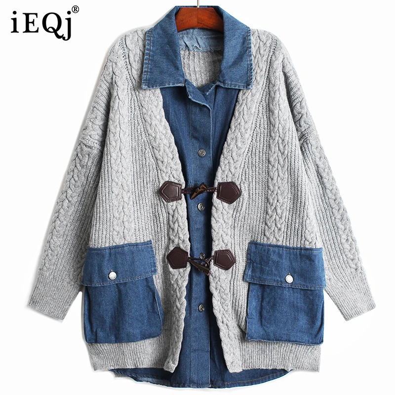 

Новинка Осень-зима 2021 модная женская одежда IEQJ с отложным воротником Длинные рукава джинсовая Лоскутная трикотажная куртка с карманами WT25