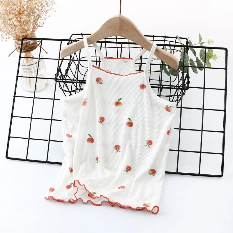 

634F Cotton Tanks Tagless White and Pink Colored Cute Fruit Camisole Undershirts for Toddler Girls