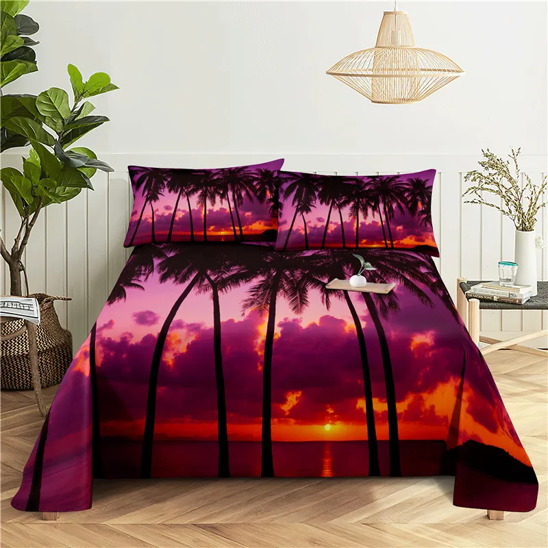 

Beautiful Coconut Tree 0.9/1.2/1.5/1.8/2.0m Digital Printing Polyester Bed Flat Sheet With Pillowcase Print Bedding Set