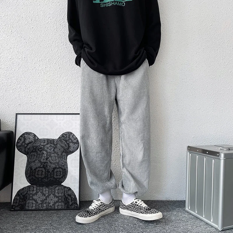 

Повседневные мужские спортивные Леггинсы на шнуровке, повседневные вафельные свободные брюки с вышивкой и эластичным поясом, осень 2021, кор...