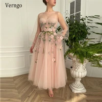 verngo 2021 new design blush pink tulle evening party dresses puff long sleeves 3d flowers ankle length prom gowns with pockets
