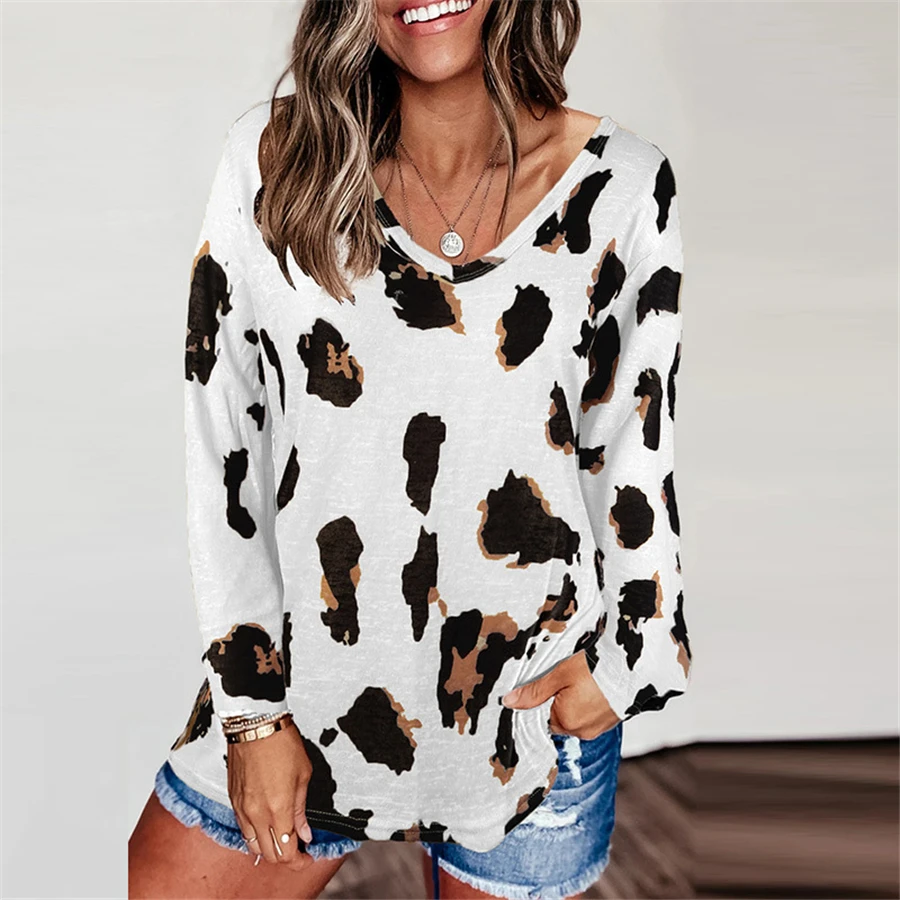 

Leopard V Neck Woman tshirts Long Sleeve Loose Top Women Casual Soft Tops Tee Shirts Female