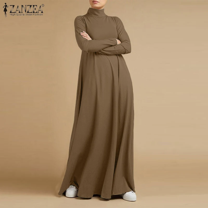 

Autumn Turtleneck Long Sleeve Sundress Fashion Women Maxi Long Dress Baggy ZANZEA Elegant Solid Casual Vestido Kaftan Robe Femme