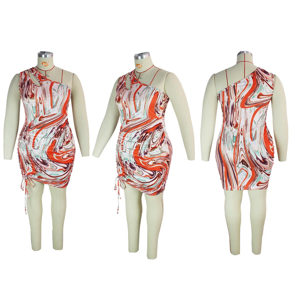 Vestido de talla grande para mujer, vestido Sexy ajustado con cuello Diagonal sin mangas estampado, minivestido holgado de talla grande