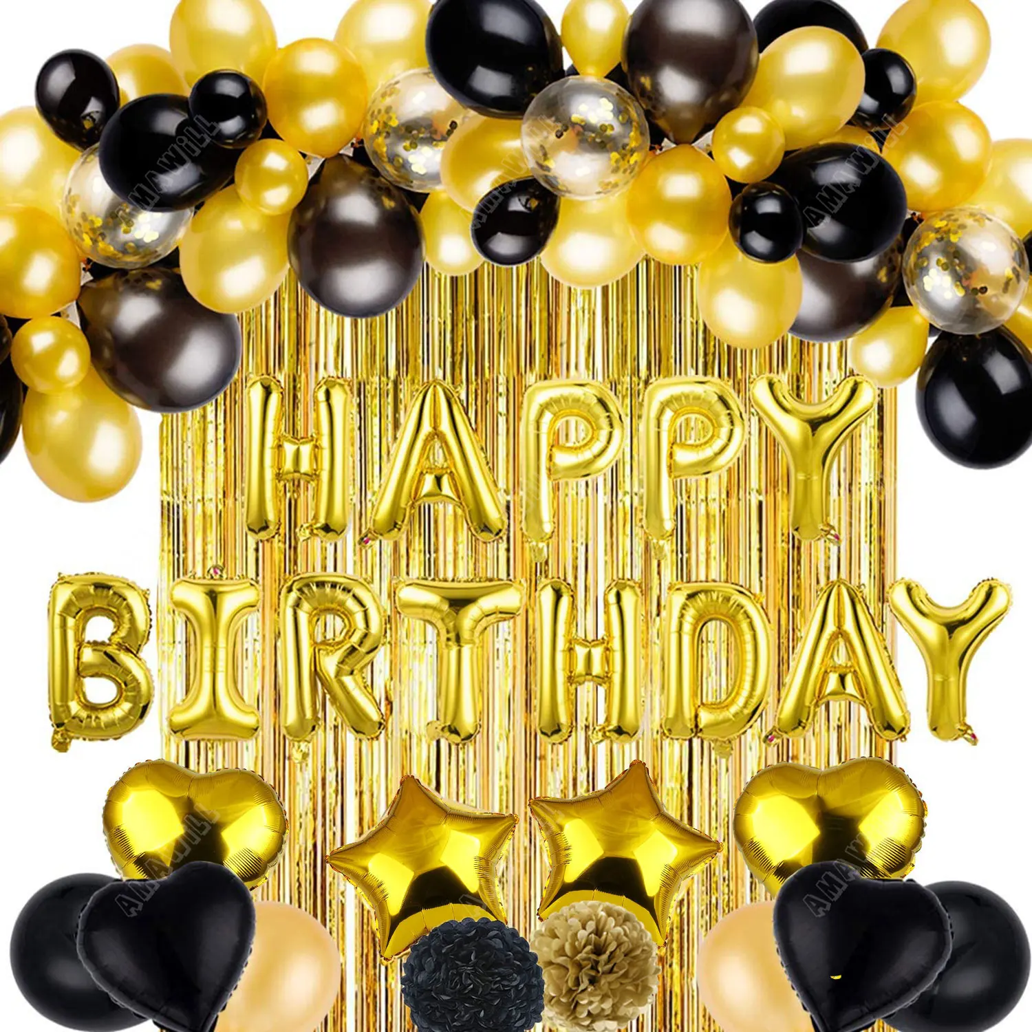 

Gold And Black Happy Birthday DIY Balloon Chain Garland Arch Kit With Foil Tassel For Baby Shower Birthday Anniversary Decor
