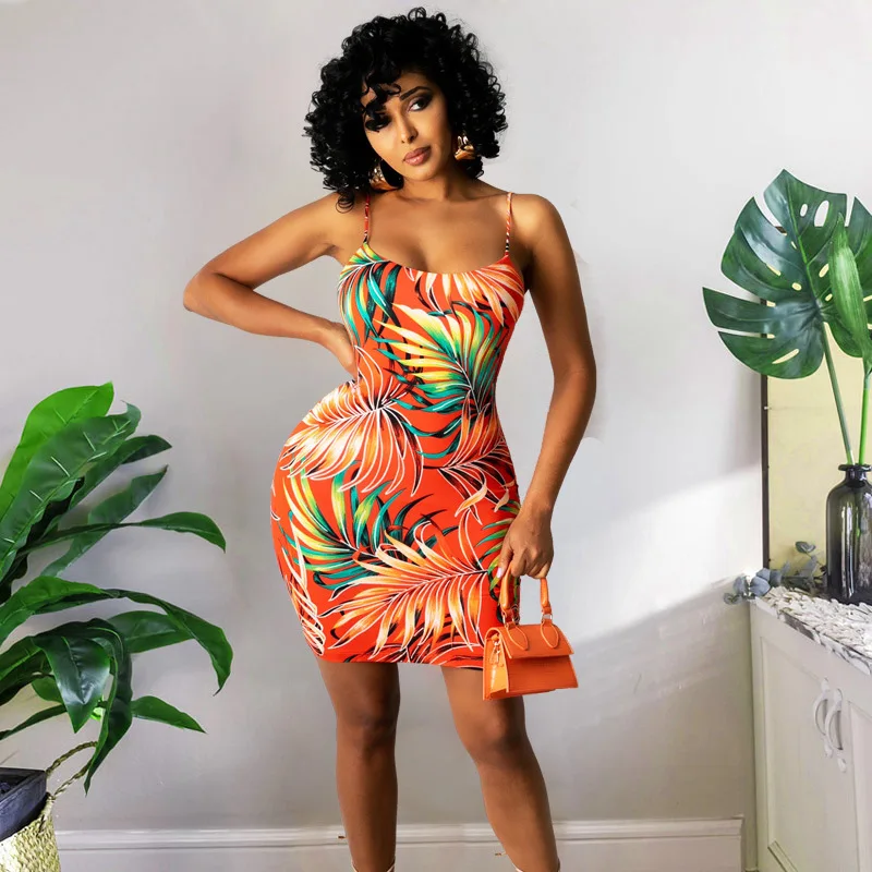 

Casual Summer Print Mini Dress Strap Backless Sexy Orange Leaves Beach Holidays Vintage Vestidos Ladies Party Club Outfits