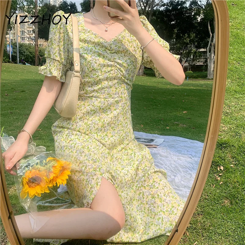 

YIZZHOY New Summer Lady Holiday Style High Waist A-line Floral Long Dress Women Vintage Sweet Print V-neck Lantern Sleeve Dress