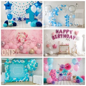 Фон для фотографий Laeacco, день рождения, голубые воздушные шары, цветы, звезды, торт