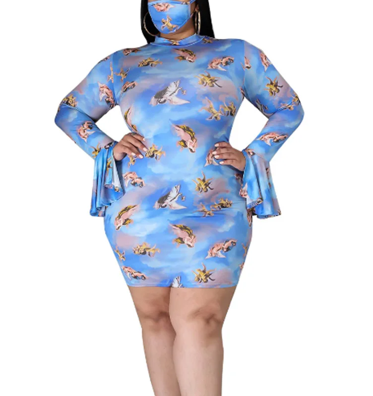 

2021 Women Pencil Dress Print Flare Long Split Sleeve Casual O-Neck Print Slim Fit Bag Hip Elegant Female Streetwear Plus Size