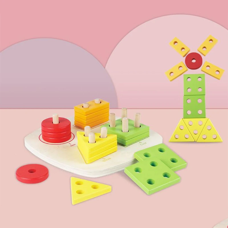 

Wooden Educational Toys Kids Color Recognition Preschool Stack Sort Geometric Board Building Blocks Jigsaw Puzzle R9JD