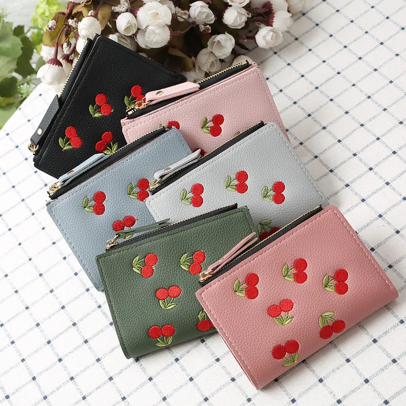 Модный женский короткий кошелек для монет из искусственной кожи, кошелек с вышивкой вишни, держатель для карт, мини-сумочка для денег для девушек